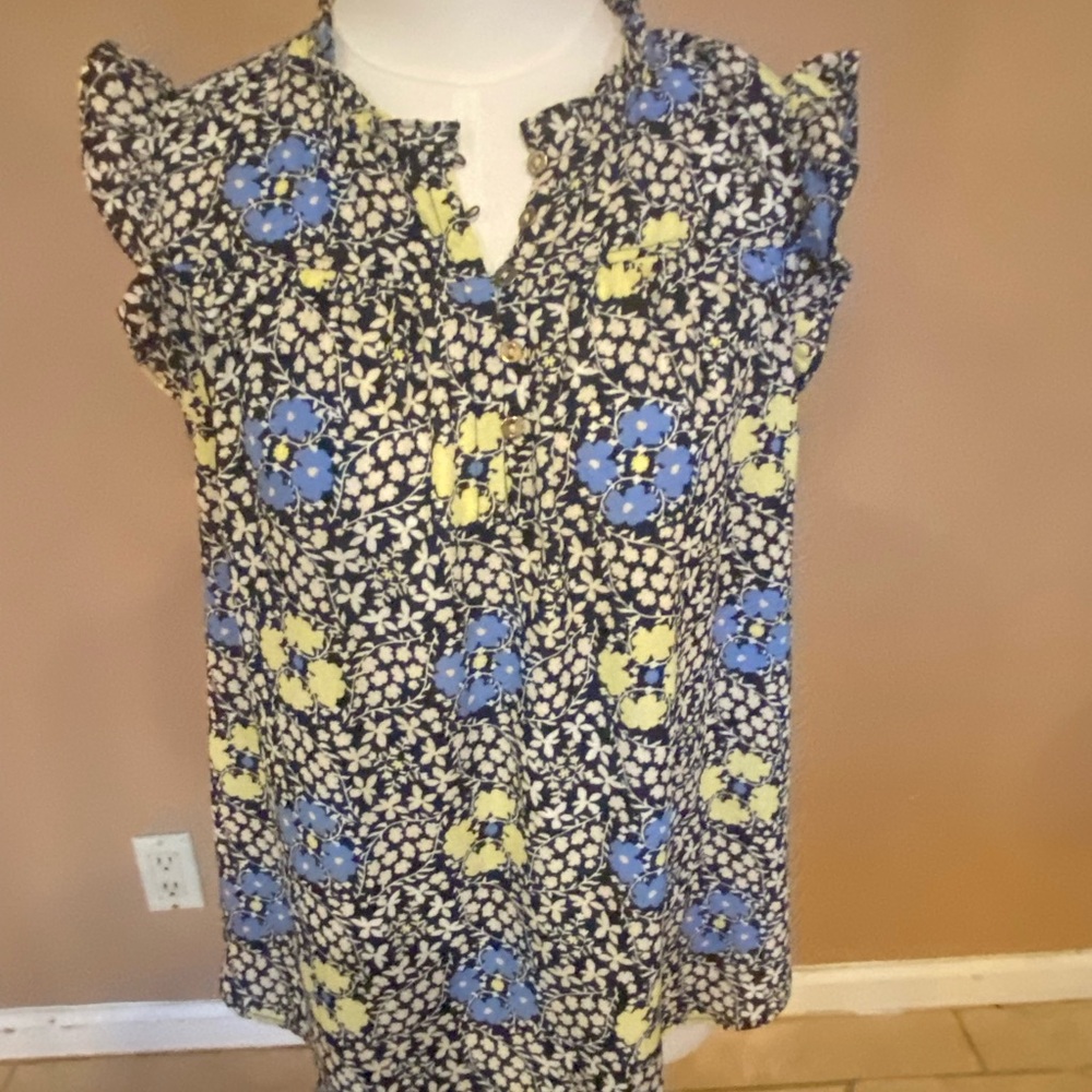 LOFT Navy Floral Ruffle-Sleeve Shell with Blue and Yellow Blooms